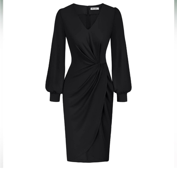 Long sleeve V neck Twist Front Split Stretchy Bodycon Dress Size L - Picture 1 of 6